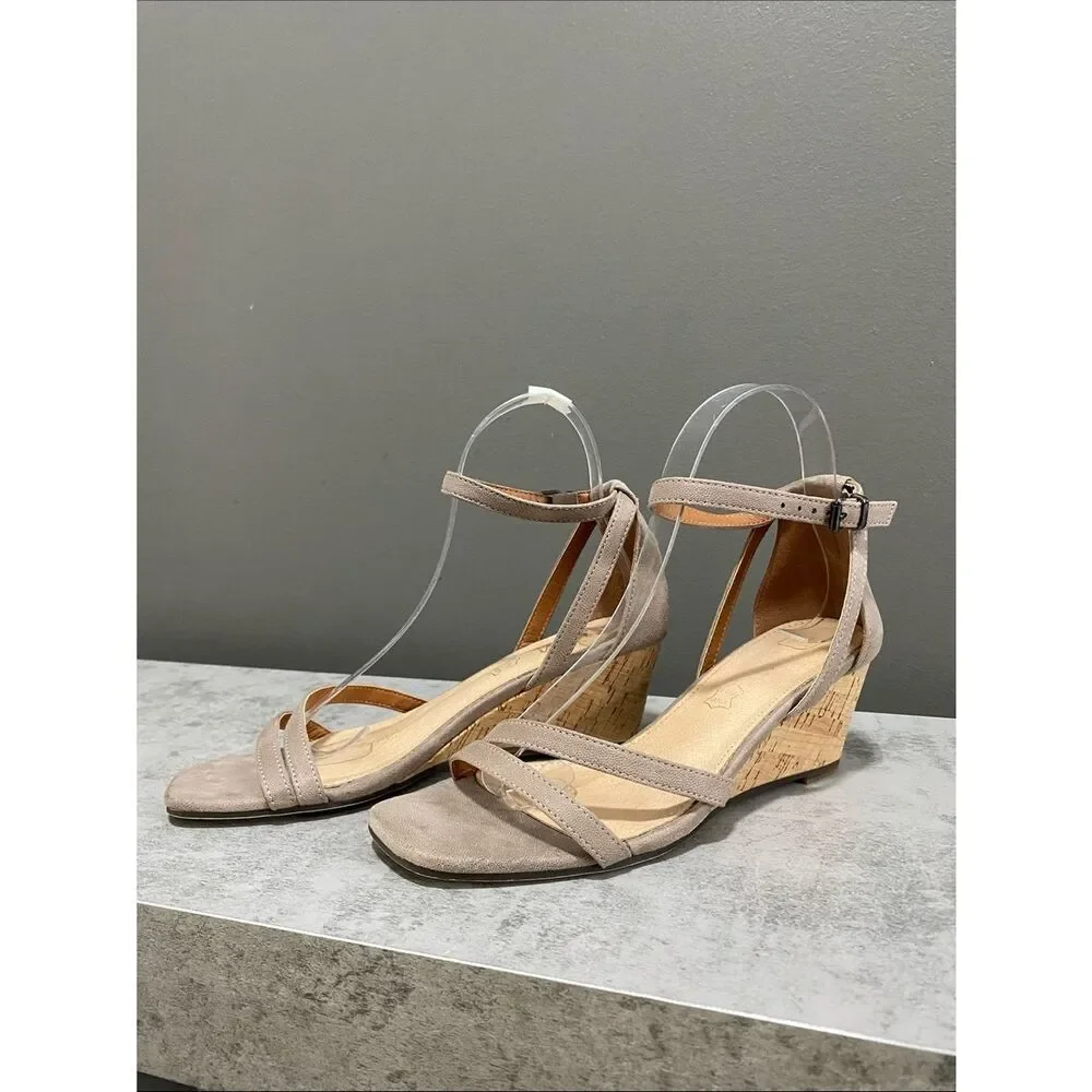 Mi.iM Women's Leather Taupe Wedge Sandals with Ankle Strap Size 6